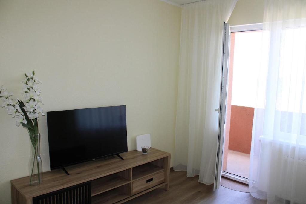a living room with a flat screen tv on a wooden entertainment center at Ezerkrasta Apartment in Liepāja