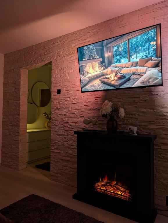 a living room with a fireplace with a tv above it at Cozy Central Studio in Petroşani