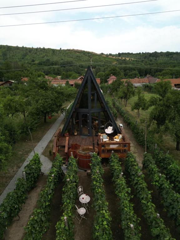 an overhead view of a farm with a greenhouse at A-Wine Villas in Novaci