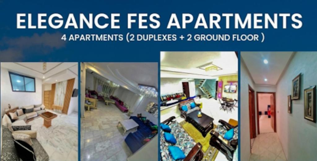 a collage of four pictures of a living room at Elegance Fes Apartments - New city center in Fès