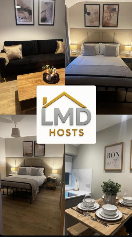 a collage of photos of a living room and a bed at Kirkview Cottage in Peterhead