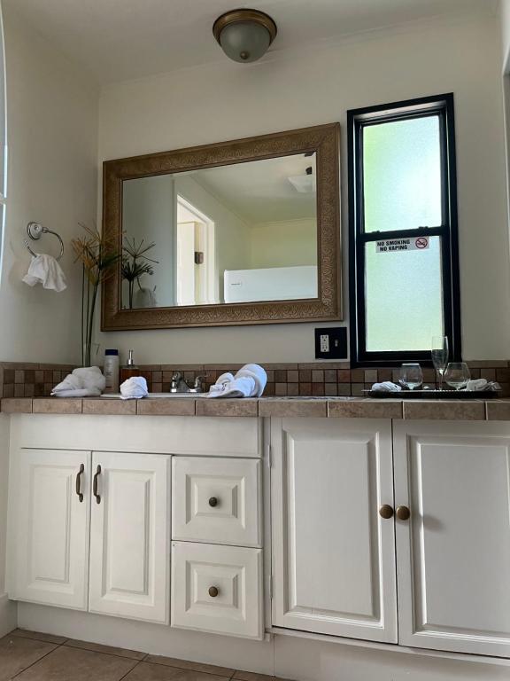 Cozy private room and kitchen في Princeton: حمام مع حوض أبيض ومرآة