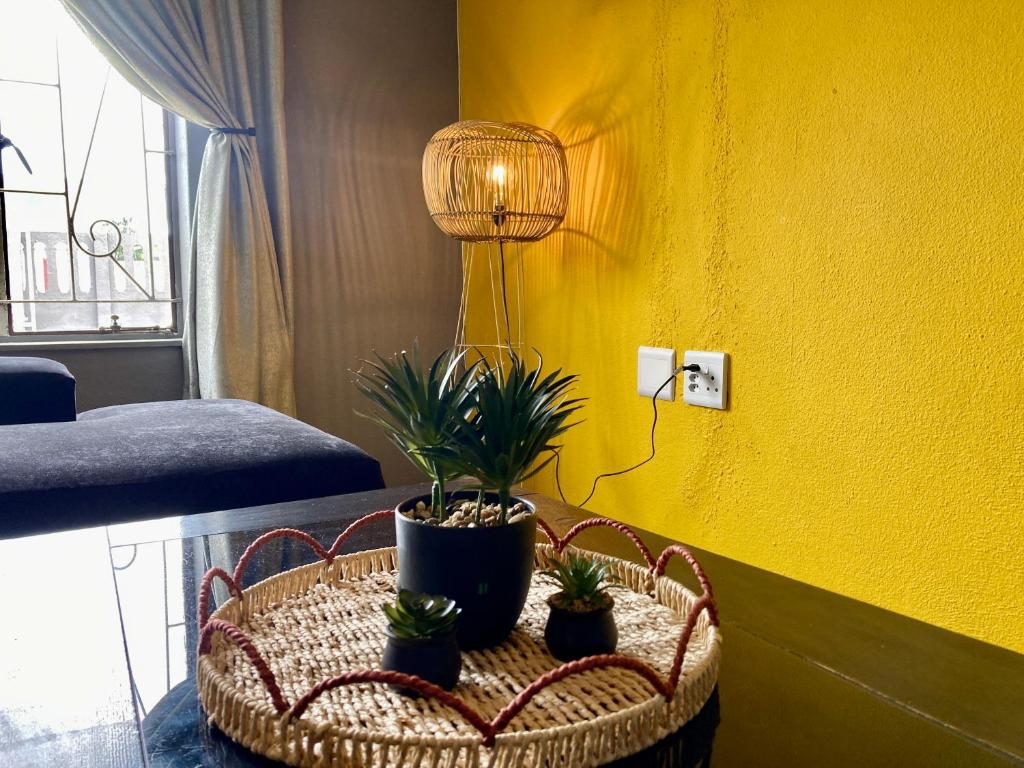 Unit 2 TraversHub Sleeps 6 Self-Catering Group Belhar, CT في Belhar: غرفة بها طاولة مع نباتات الفخار