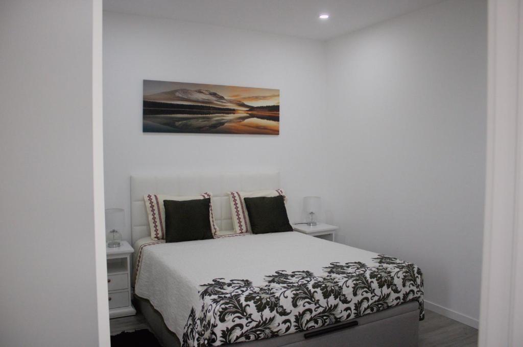 Un dormitorio con una cama y un cuadro en la pared. en Apartamento Laranjeiras dois, en Bicas