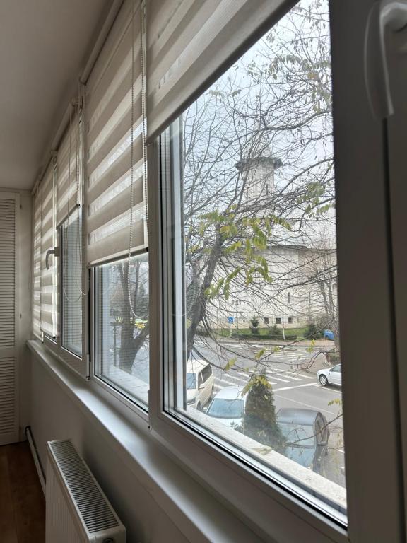 a window with a view of a street at Ingrino Apartament in Comăneşti