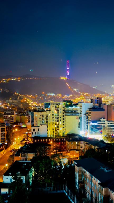 a city lit up at night with a pink light at Luxor Collection Apartments in Tbilisi City