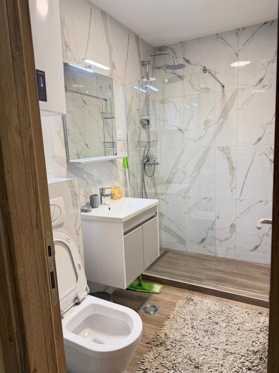 a bathroom with a toilet and a sink and a shower at Prestige Forest Resort Zlatibor Wellness & Spa in Zlatibor