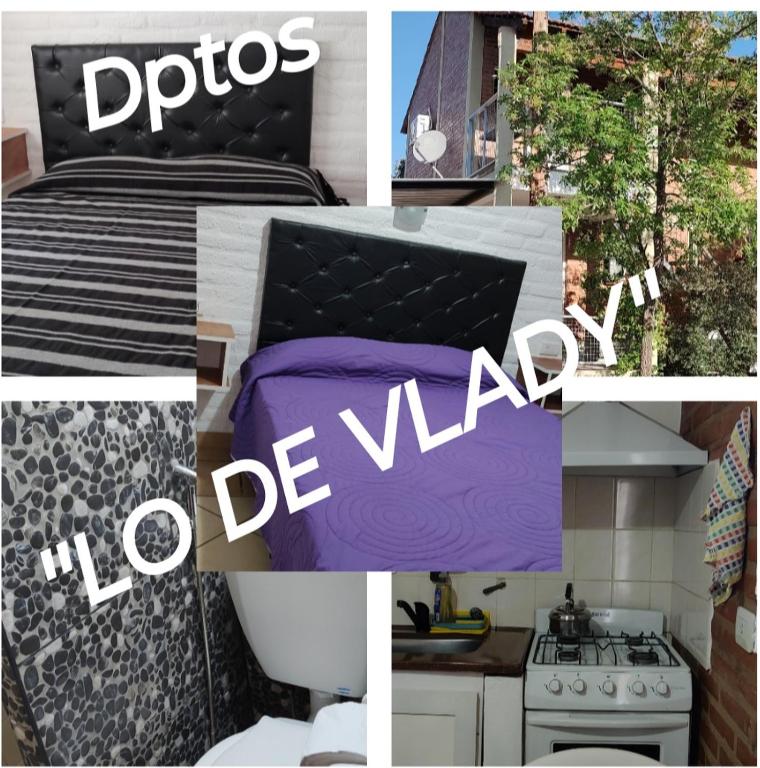a collage of photos of a room with a bed and a kitchen at Lo de Vlady in Mina Clavero