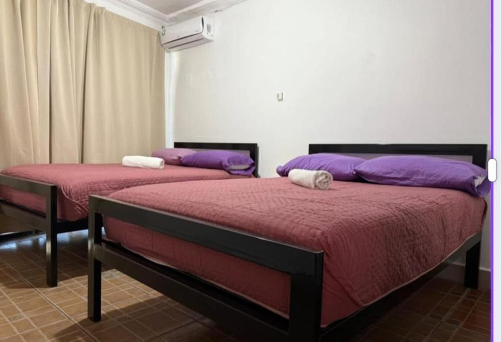 two beds in a room with purple and purple pillows at Hotel MIRANDA in Tapachula