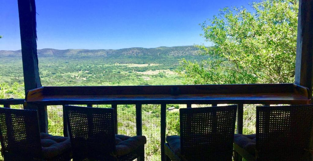 a view from a screened in porch with chairs looking out the window at La Casita in Concan