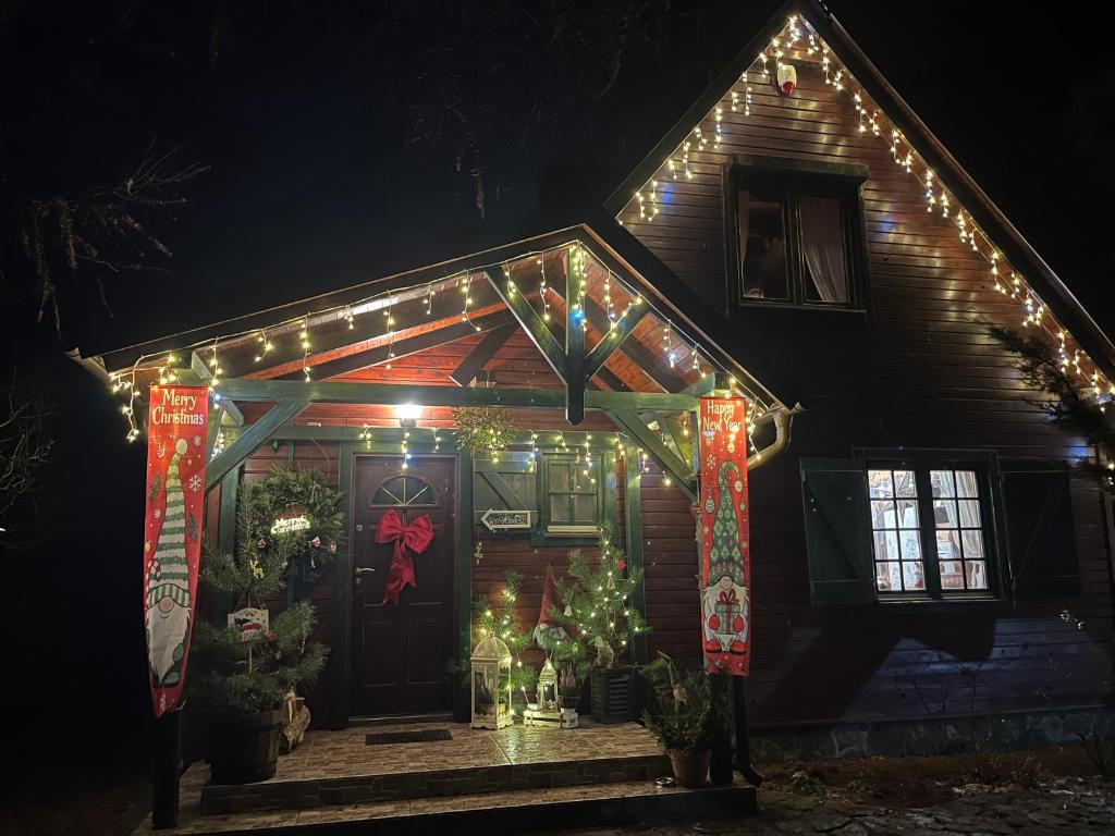 una casa con luces de Navidad en la puerta principal en Dom Zielarki z widokiem na jezioro, sauna, balia, en Żuromin
