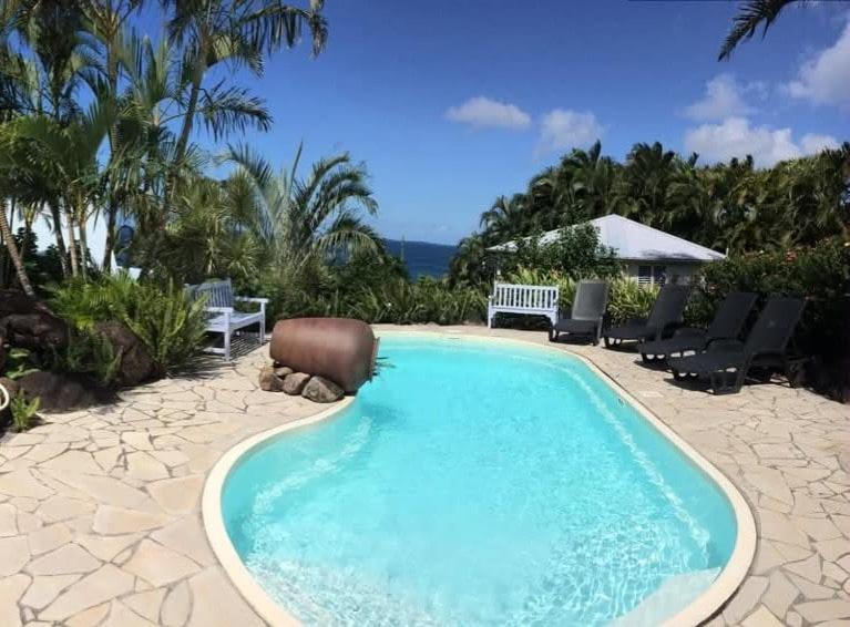 Villa Fleurs d'Air en côte sous le vent في ديساي: حمام سباحة كبير مع كراسي وطاولة