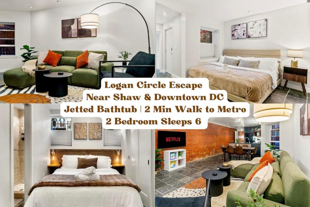 Luxe Logan Circle Escape - Near Downtown DC & Shaw في واشنطن: ملصق بثلاث صور لغرفة فندق
