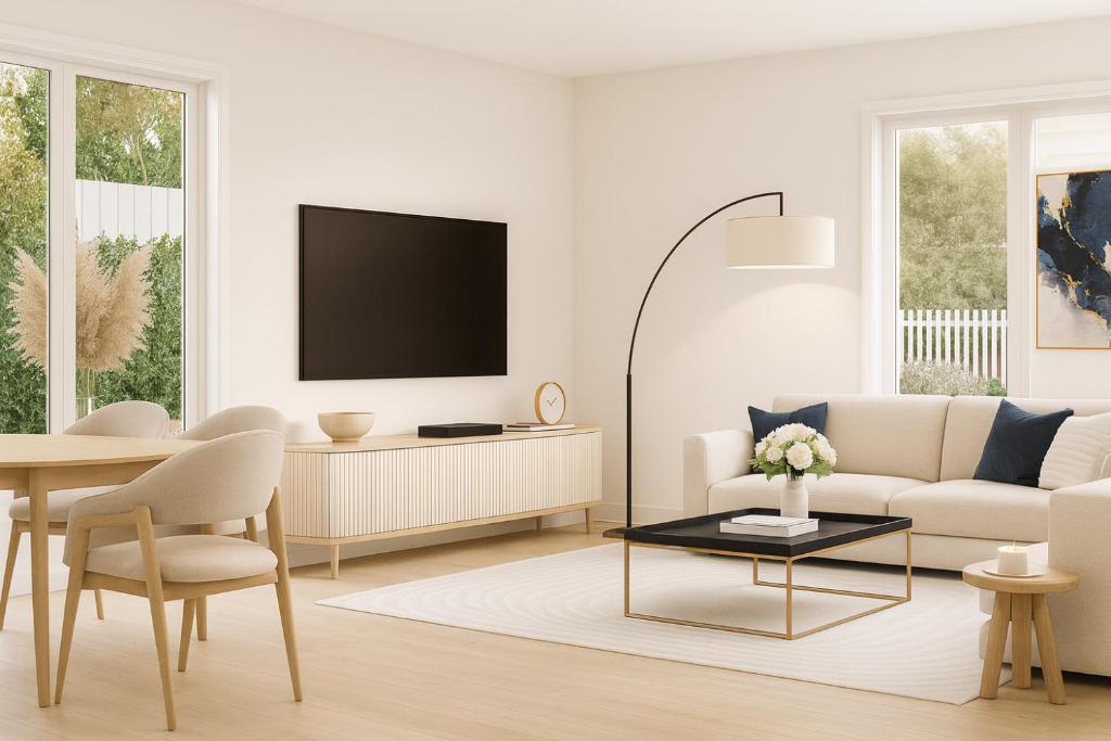 een witte woonkamer met een bank en een tafel bij Rochedale Outlook in Rochedale