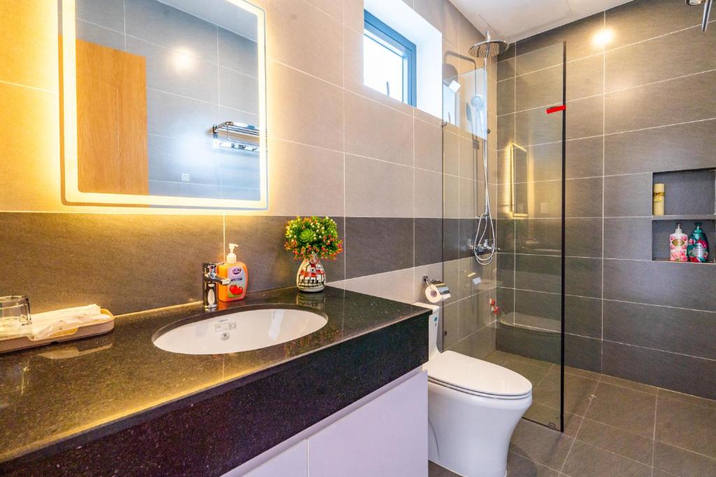 a bathroom with a sink and a toilet and a mirror at Dâu Tây Villa in Da Nang