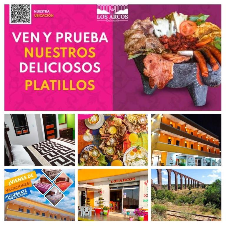 a collage of pictures of different places and food at Hotel Los Arcos in Santa María Nopaltepec