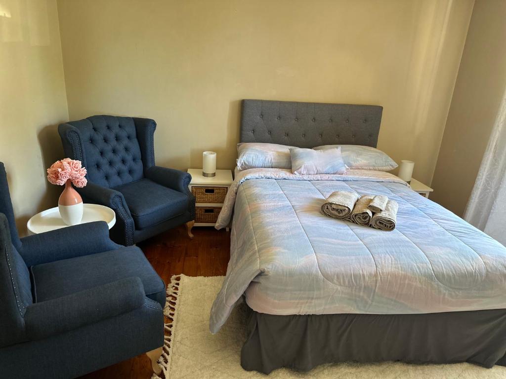 Canberra Hospital Locum Welcome Entire Family Home في Phillip: غرفة نوم بسرير وكرسيين ازرق