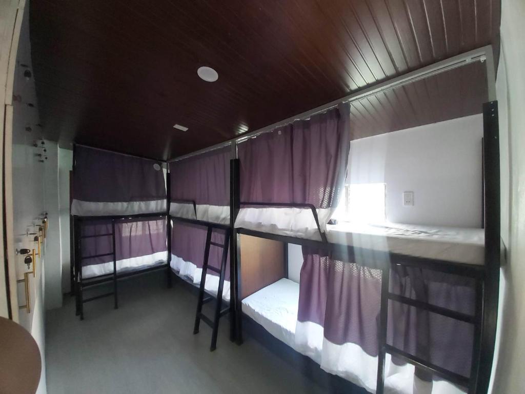 3 stapelbedden in een kamer met paarse gordijnen bij Fernica Boarding House in Carmona
