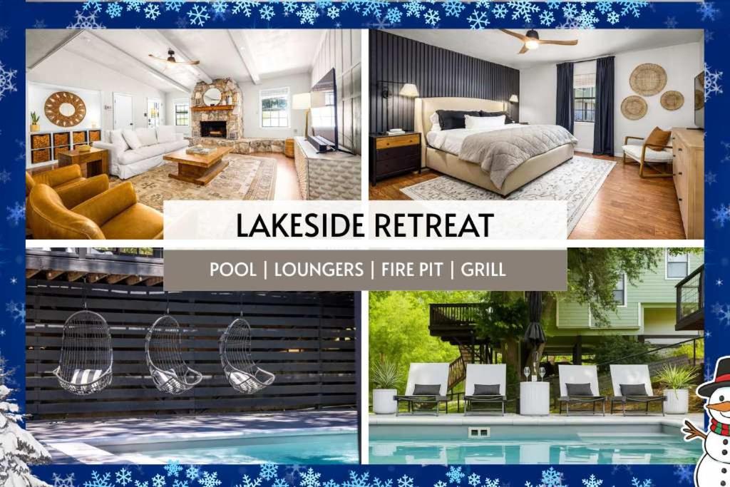 een collage van foto's van een woonkamer en een slaapkamer bij Lake Access Pool Loungers Fire Pit Grill in McQueeney