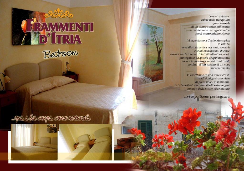 uma página de revista de um quarto com uma cama e flores em B&B Frammenti D'Itria em Ceglie Messapica