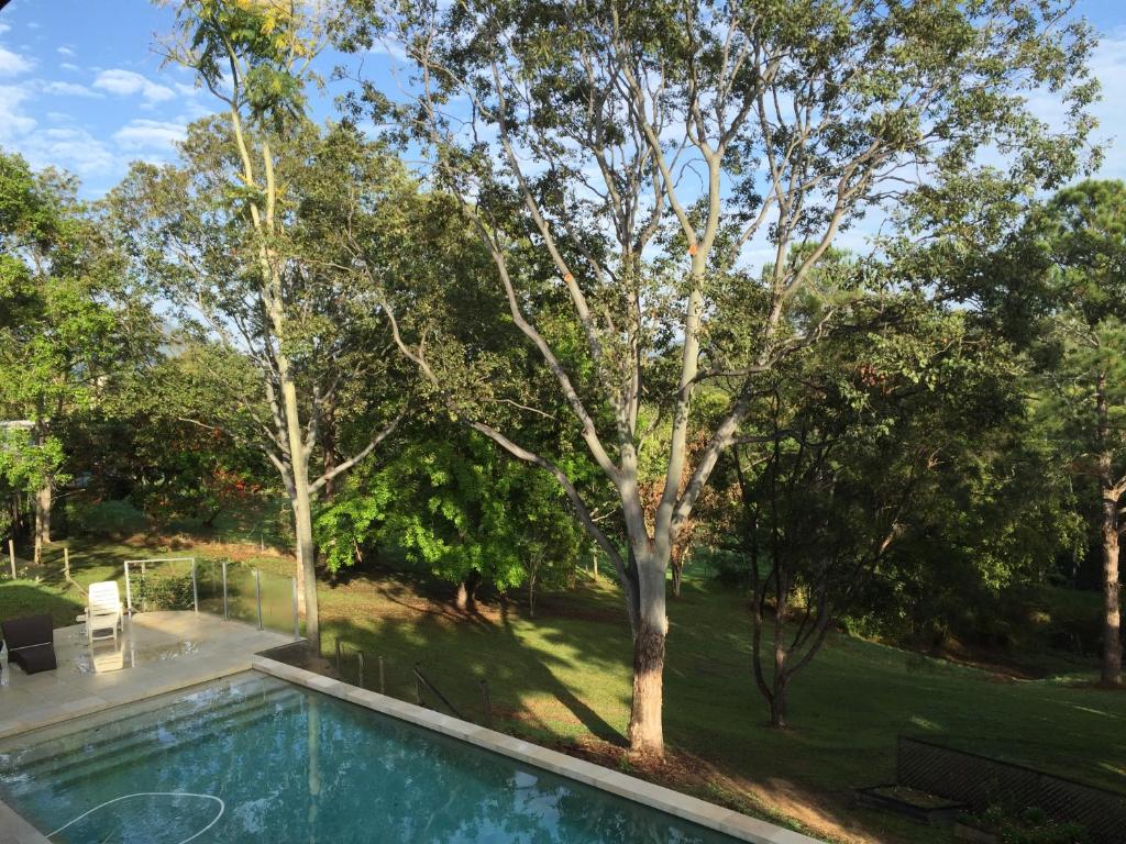 una piscina en un patio con árboles en Eumundi Guesthouse and B&B, en Eumundi