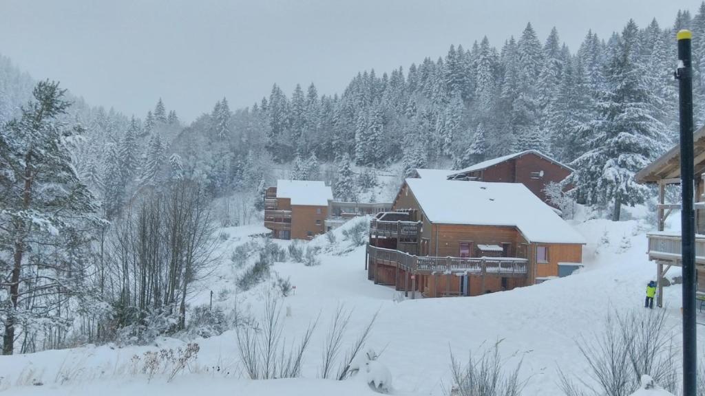 un bâtiment recouvert de neige avec des arbres en arrière-plan dans l'établissement Rev2 Montagne, à La Bresse