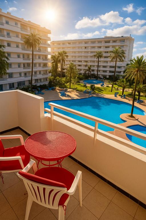 a balcony with a table and chairs and a pool at Apartamento Laura in Alcudia