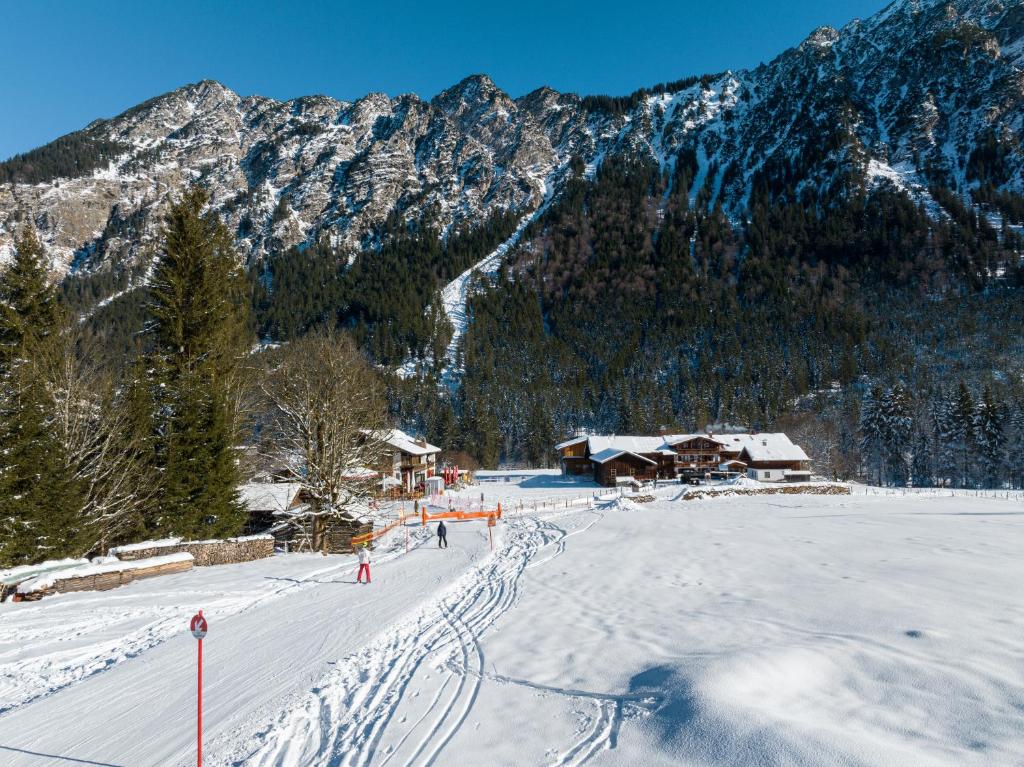 een groep mensen die skiën op een met sneeuw bedekte berg bij Landhaus Am Fellhorn in Oberstdorf