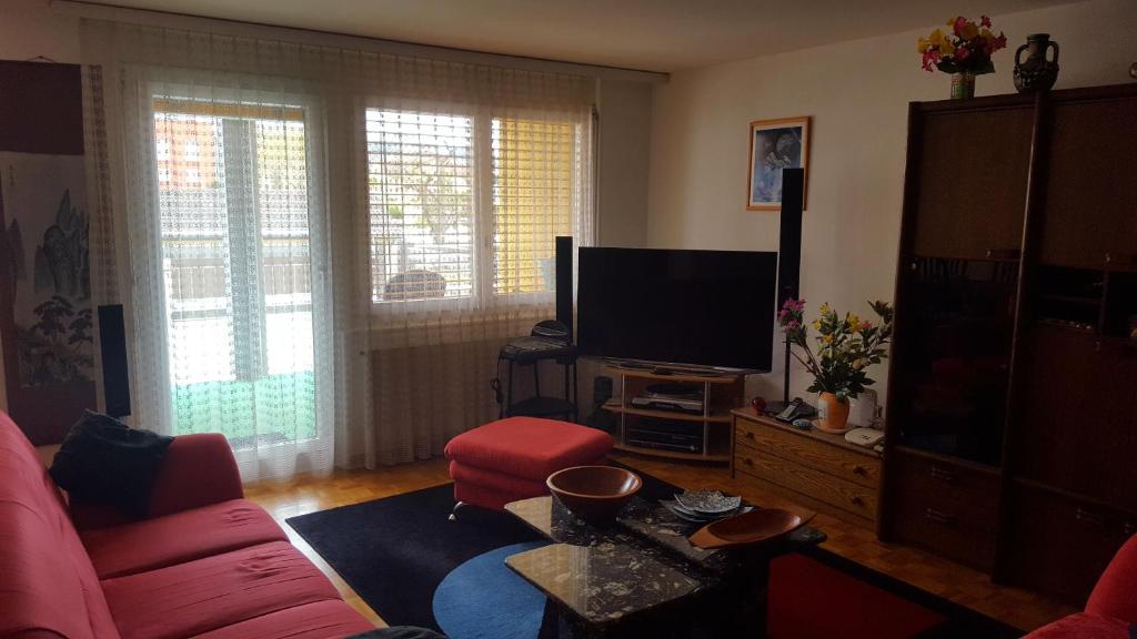 a living room with a red couch and a flat screen tv at Appartement partagé avec couchage sur un grand matelas au sol au salon in Yverdon-les-Bains