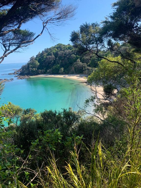 a view of a beach from a hill at Ocean view haven in Matapouri