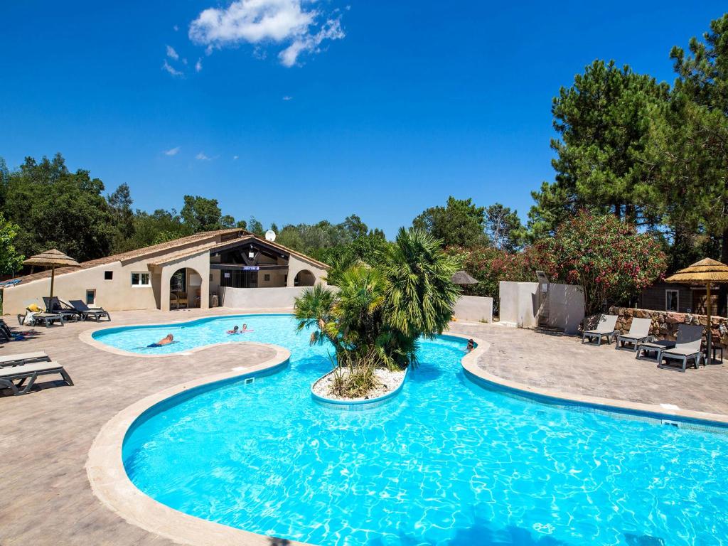 a swimming pool with a palm tree in the middle at Campo Di Mare in Porto-Vecchio