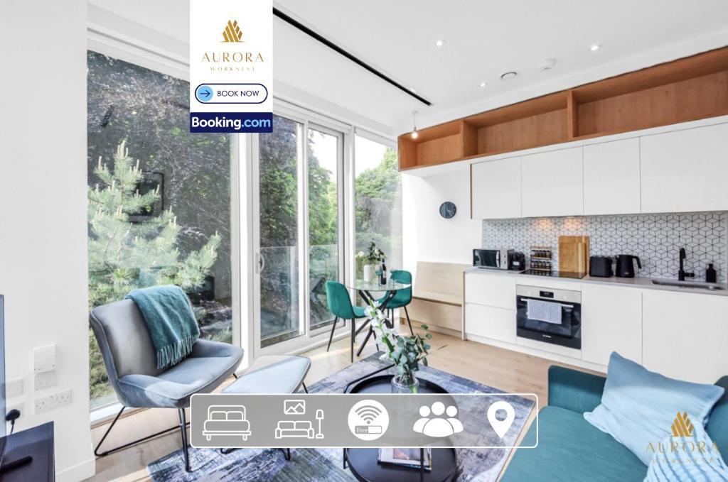 a kitchen and living room with a glass table at 2BDR Apartment By Aurora WorkNest Short Lets & Serviced Accommodation London With Fitness Centre & City View in Kew Bridge
