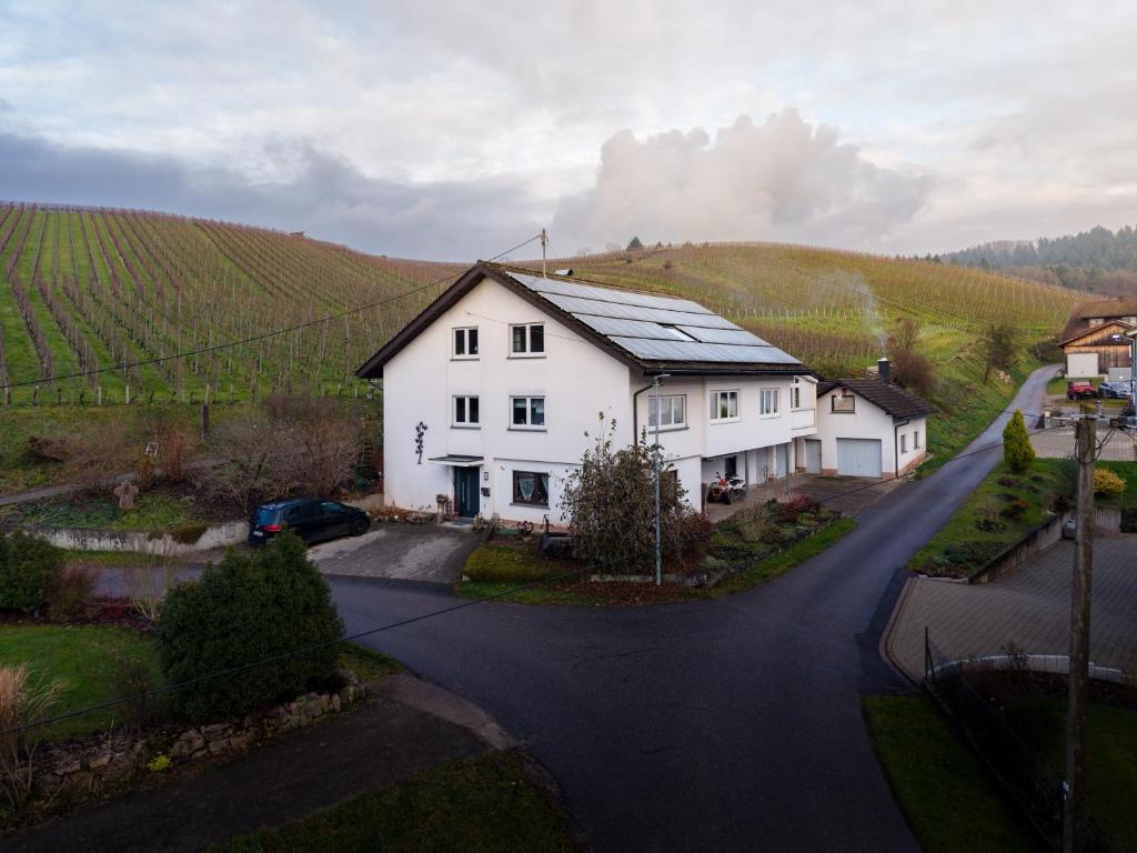 een wit huis midden op een weg bij Ferienwohnung Wiedergrün in Durbach