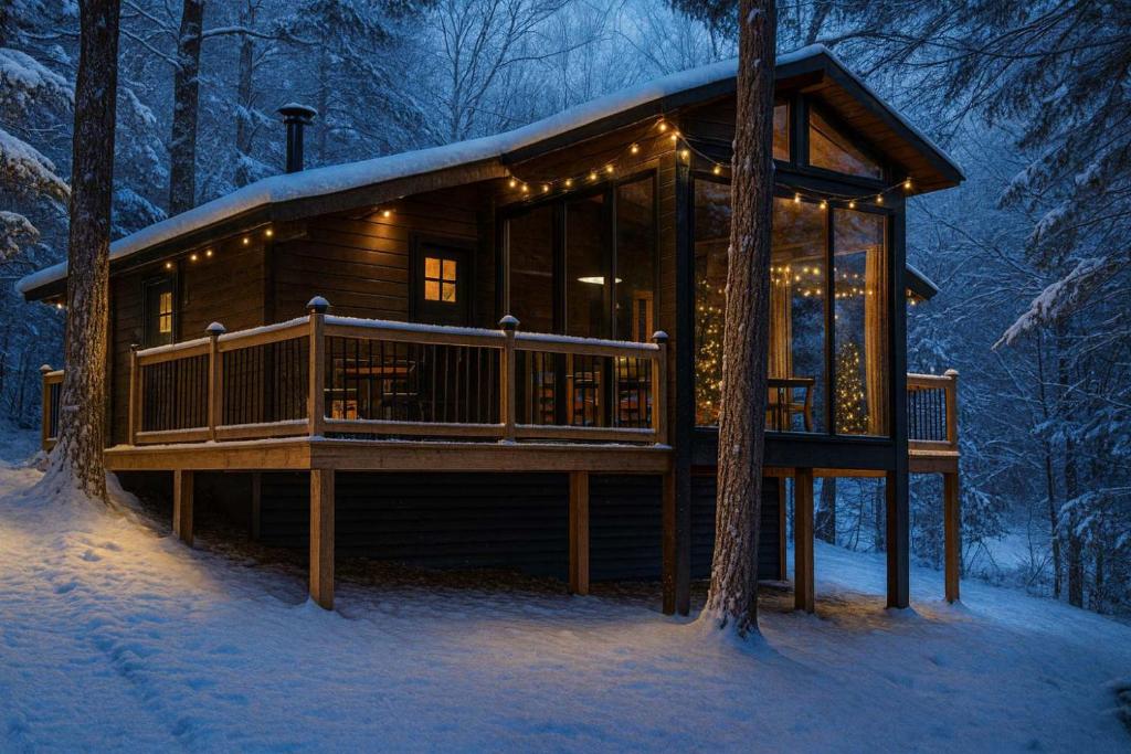 a log cabin in the woods in the snow at Lake Muskoka Deluxe 3-bdrm Cottage - Pier 100 #80 in Port Carling