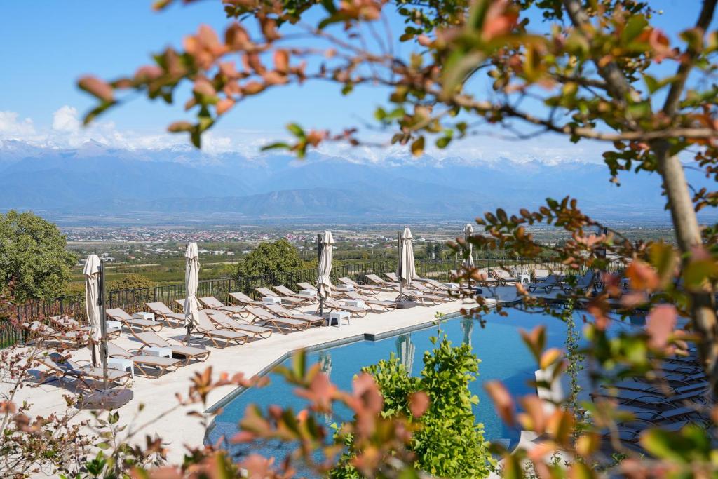 a row of lounge chairs next to a swimming pool at AGARANI Estate in Tʼelavi