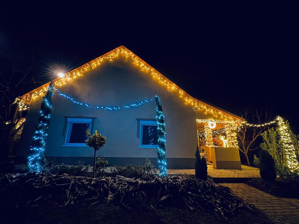 a house decorated with christmas lights at night at Arany Vendégház in Szarvas