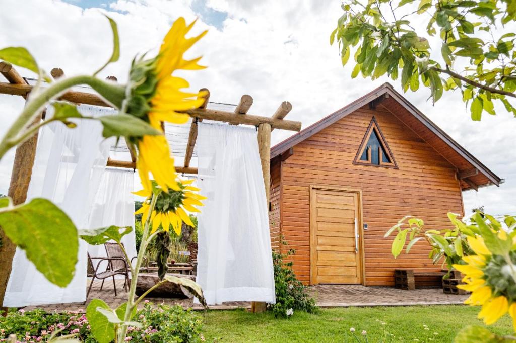 una iglesia con una cortina blanca y un girasol en Chico Cabanas, en Lajeado Grande