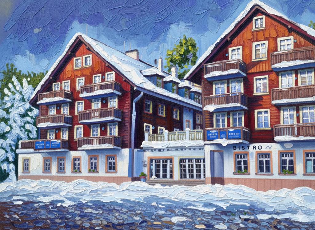 a painting of a building with snow on it at Apartmán Hubertus No 2 in Karlova Studánka