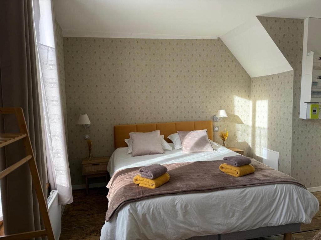 een slaapkamer met een groot bed met twee kussens erop bij Le Cocon de la Trinité T22 in Troyes