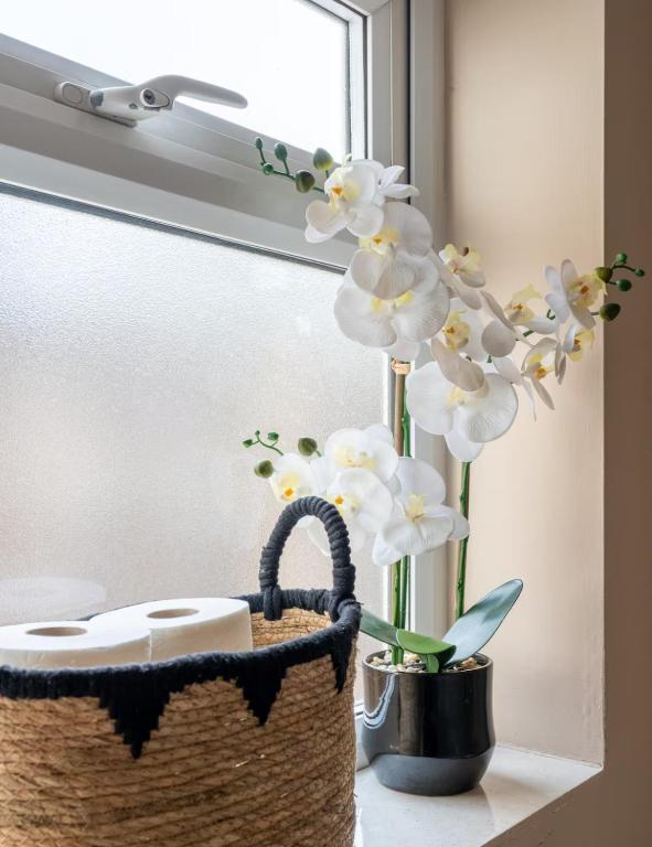 a basket with white flowers on a window sill at Reading retreat in Reading