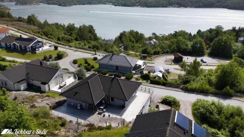 an overhead view of a house with a skate park at Modern villa with sea view in Svanesund SE09101 in Svanesund