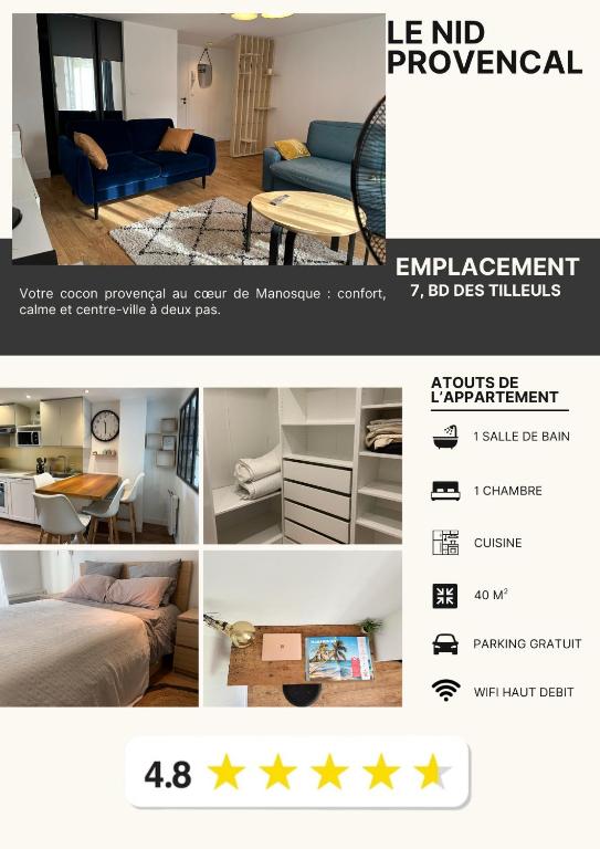 a collage of photos of a bedroom and a living room at Le Nid Provençal - Parking Inclus in Manosque