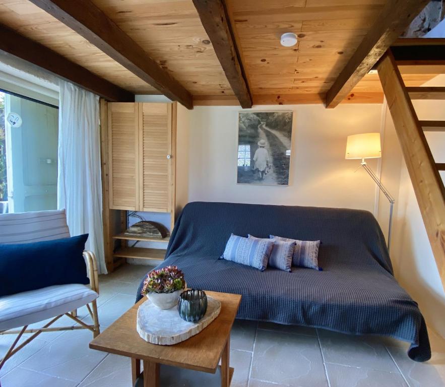 ディゴワンにあるLa Colline Digoinの青いソファとテーブルのあるリビングルーム