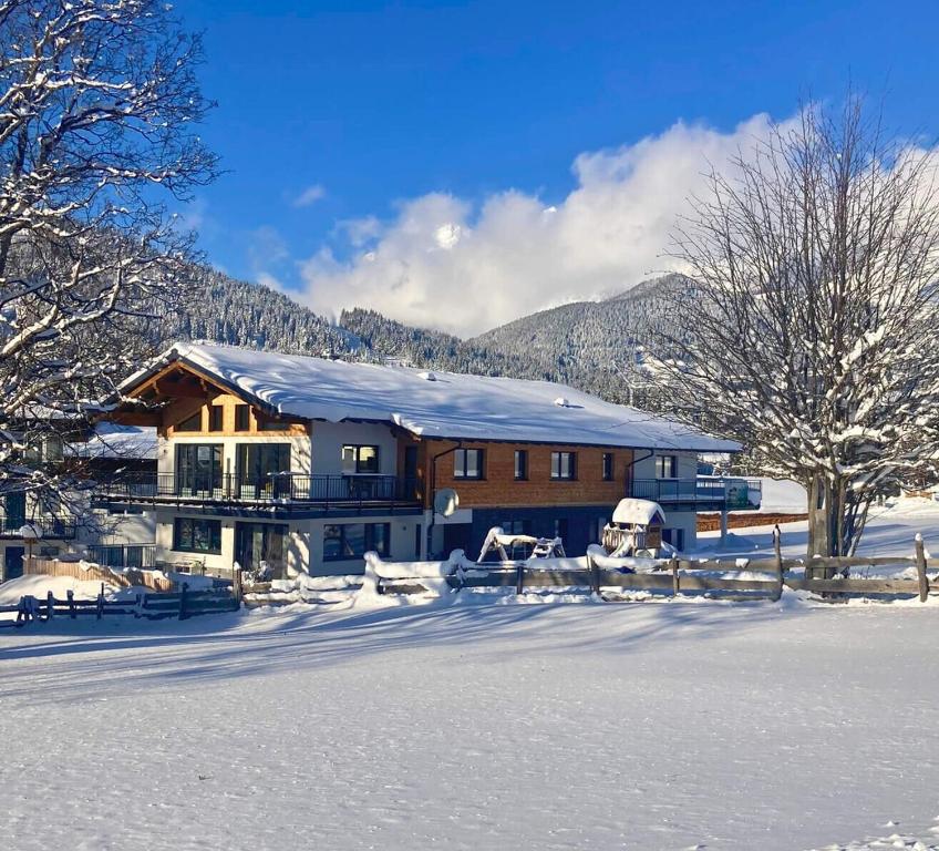 a house is covered in snow in a field at Appartements Blumenwiese in Ramsau am Dachstein