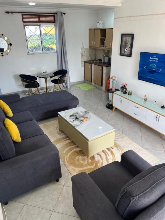 坎帕拉Green vee apartment的有两张沙发和一张桌子的客厅