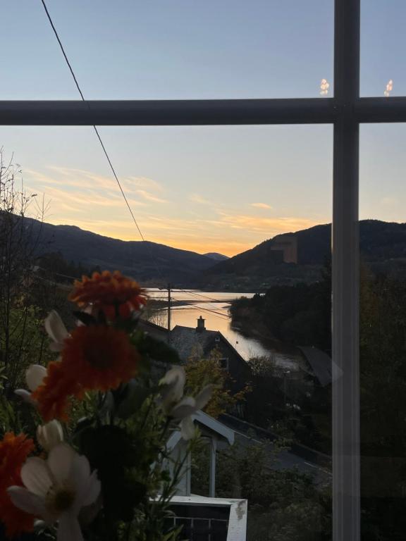 a view of a river from a window with flowers at Stylish toppleilighet med flott utsikt - sentralt in Vossevangen
