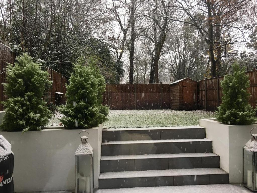 a set of stairs with trees and a fence at Ensuite in London