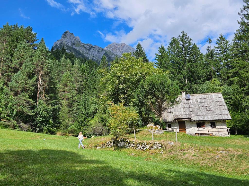 una persona caminando en un campo frente a una casa en Hiška Polhec, en Bovec
