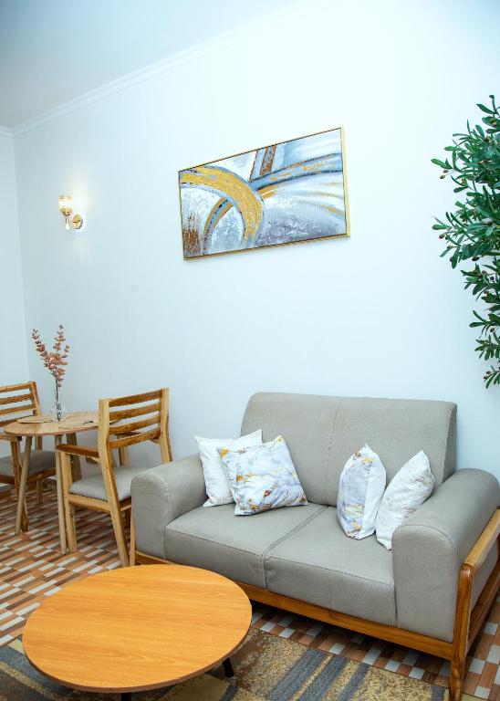 多多马JMG Homes的客厅里有一张沙发和一张桌子。