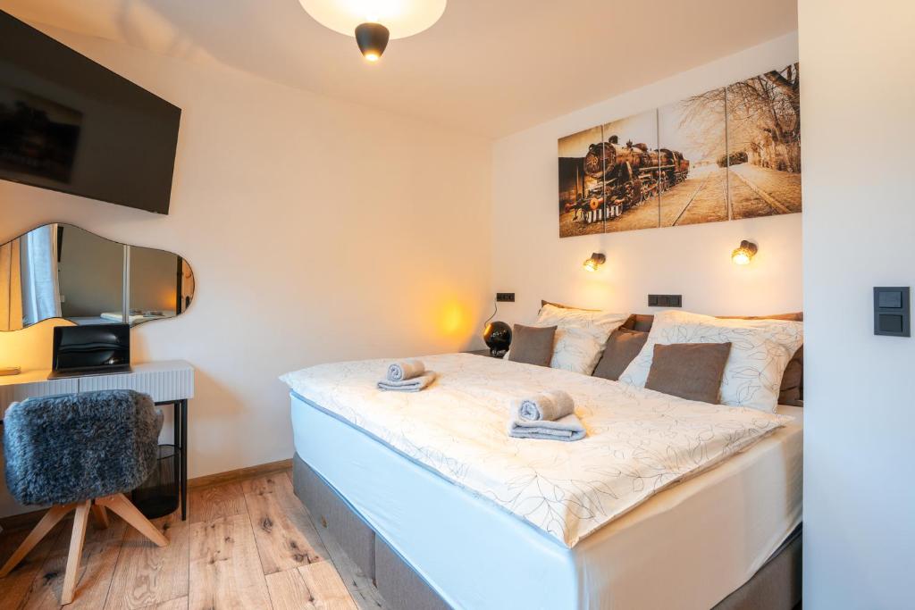 een slaapkamer met een groot bed en een tv bij Brunova Vila in Plavy